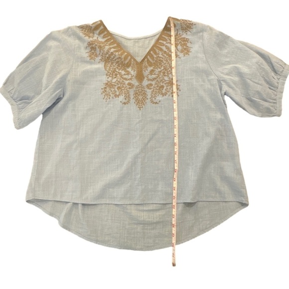 Blue Boho Embroidered Balloon Sleeve V-Neck Top 100% Cotton sz L - Picture 5 of 11